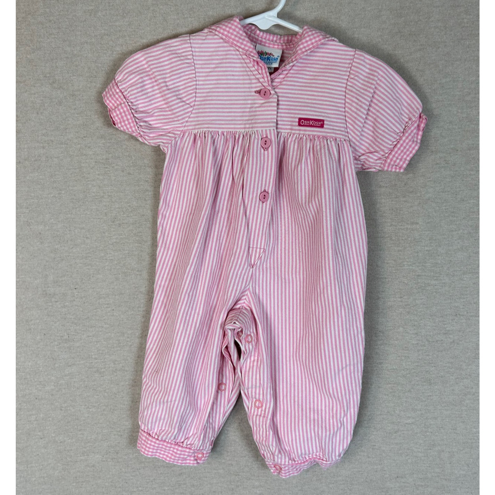 Vintage OshKosh Girls Romper Size 3-6 Months Pink Stripedβ One Piece Made in USA